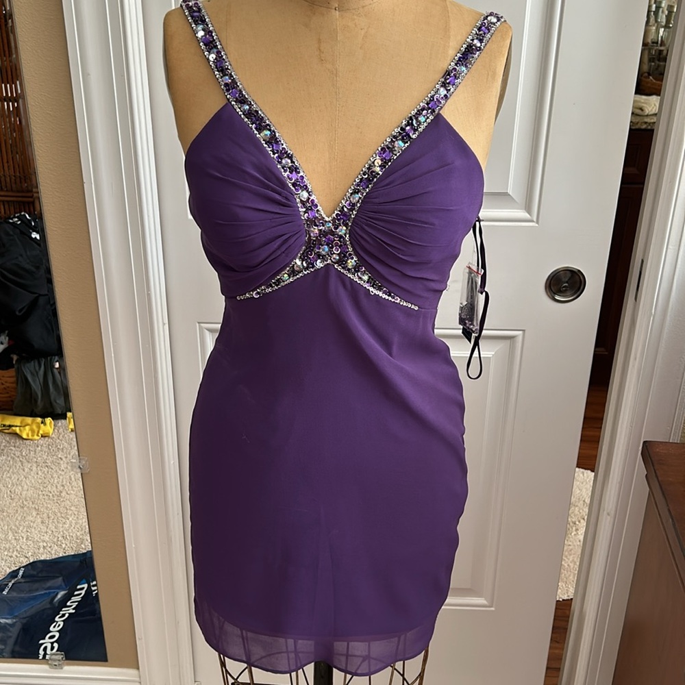 Faviana Beaded and Sequin Purple Cocktail Dress